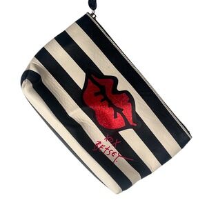 Betsey Johnson Striped Cosmetic Bag Red Glitter Lips Wristlet Pouch